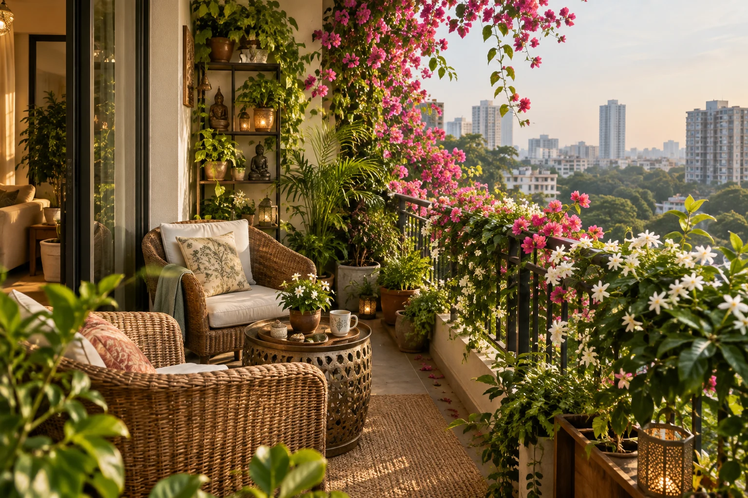 Welcoming balcony with flowering plants, climbing greens and comfortable seating