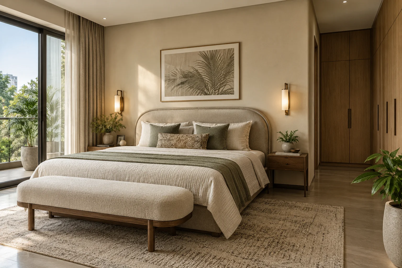 Restful bedroom with soft upholstery and warm wood storage