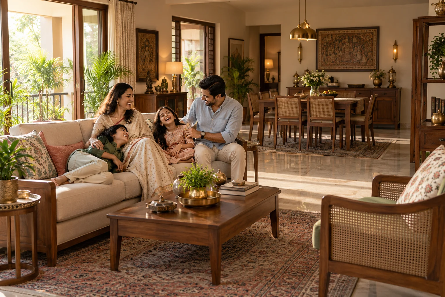 Indian family with children laughing and spending time together in a beautiful home with traditional details