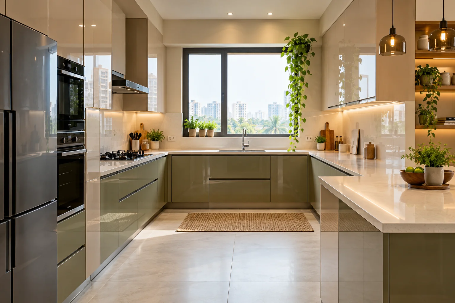 Glossy acrylic kitchen with green plants and practical worktops