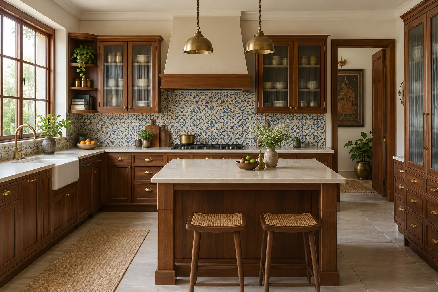 Traditional Indian kitchen with teak wood, patterned tiles and brass accents