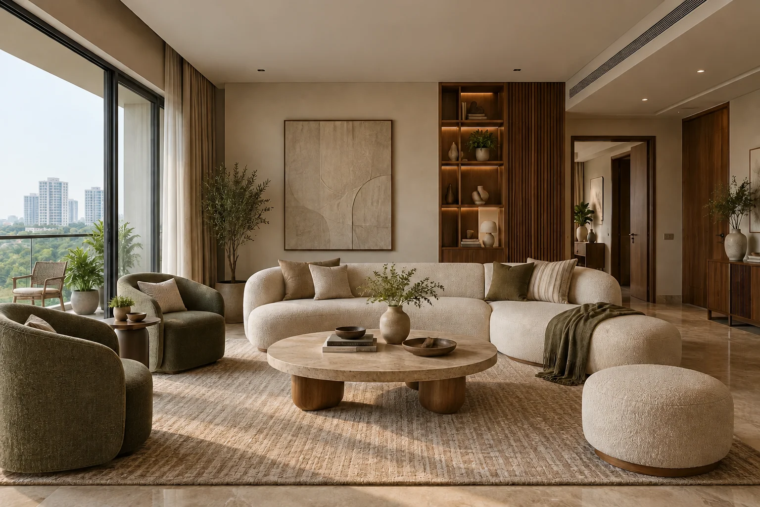 Warm modern living room with sculptural seating and walnut built-ins