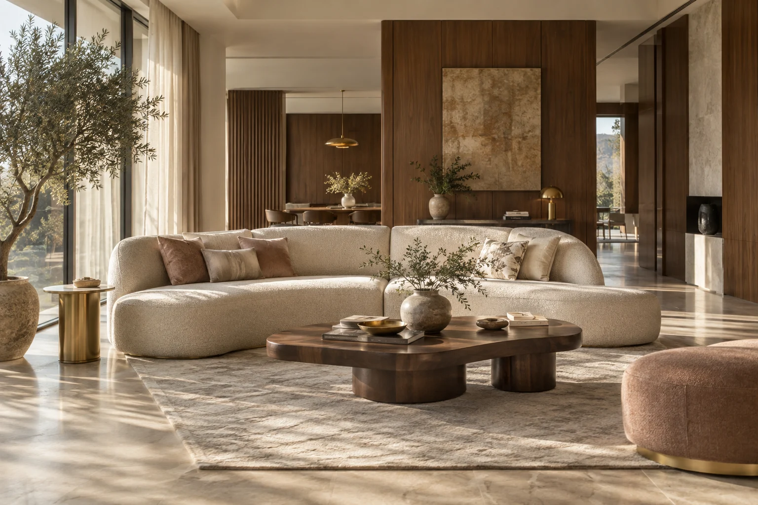 Sunlit modern living room with warm timber, soft cream seating and thoughtful Indian accents