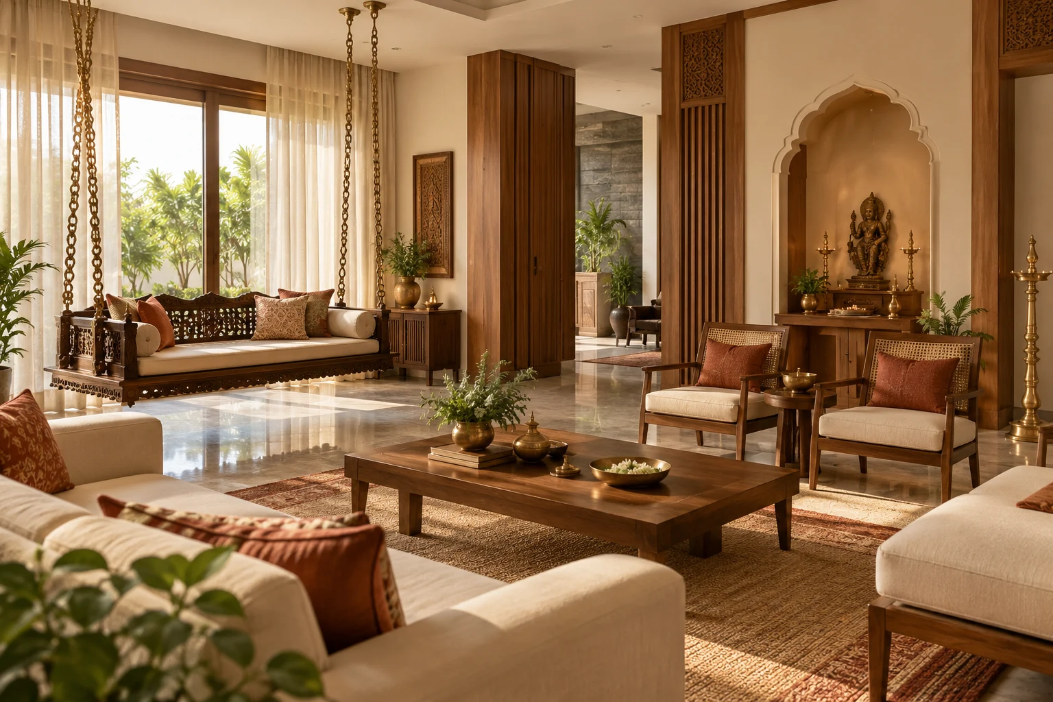 Traditional Indian interior with warm wood, brass details and a welcoming heritage-inspired atmosphere